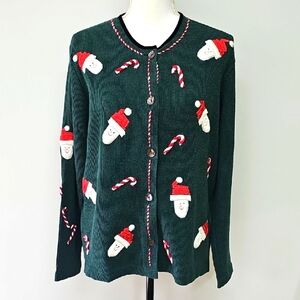 Susan Bristol Green Waffle Knit Cardigan with Santa and Candy Cane Design